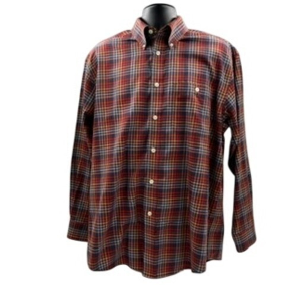 Orvis Mens Large Plaid Button Down Shirt Red Blue Orange Cotton Long Sleeve L - Picture 9 of 12